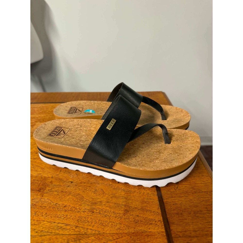 Reef Womens 8 Black Sandals Platform Cork Footbed Vista Hi Thong Flip Flops
